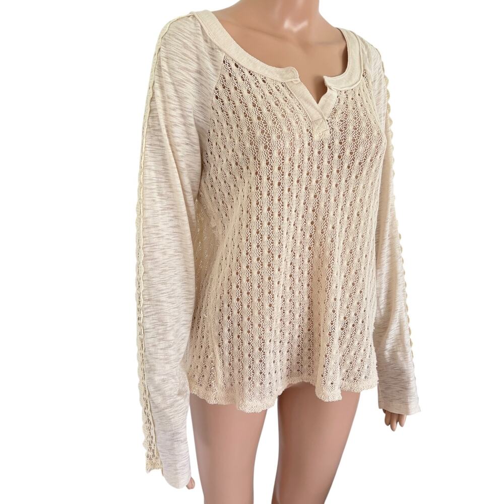 Miss Me Crochet Lace Knit Top L Boho Cottagecore Peasant Cream Long Sleeve - Picture 2 of 7